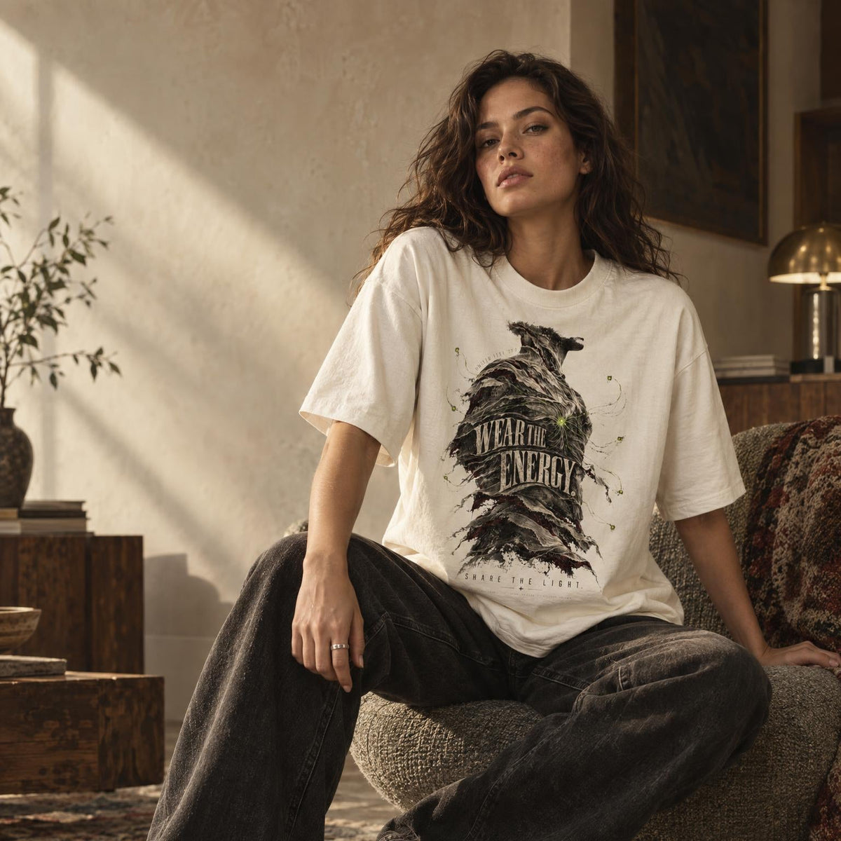 A woman sits on a textured armchair in a warm, sunlit room wearing an oversized white graphic T-shirt with a dark bird illustration and the words 'WEAR THE ENERGY,' paired with loose dark jeans and black-and-white sneakers.
