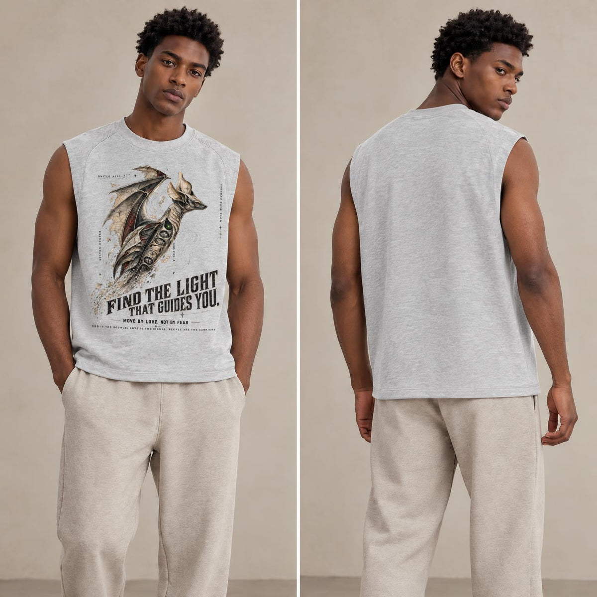 A model shown in front and back views wearing a light gray sleeveless graphic tank top with a bat illustration and the text 'FIND THE LIGHT THAT COMES YOU.' paired with beige jogger pants and black shoes, against a plain beige studio background.