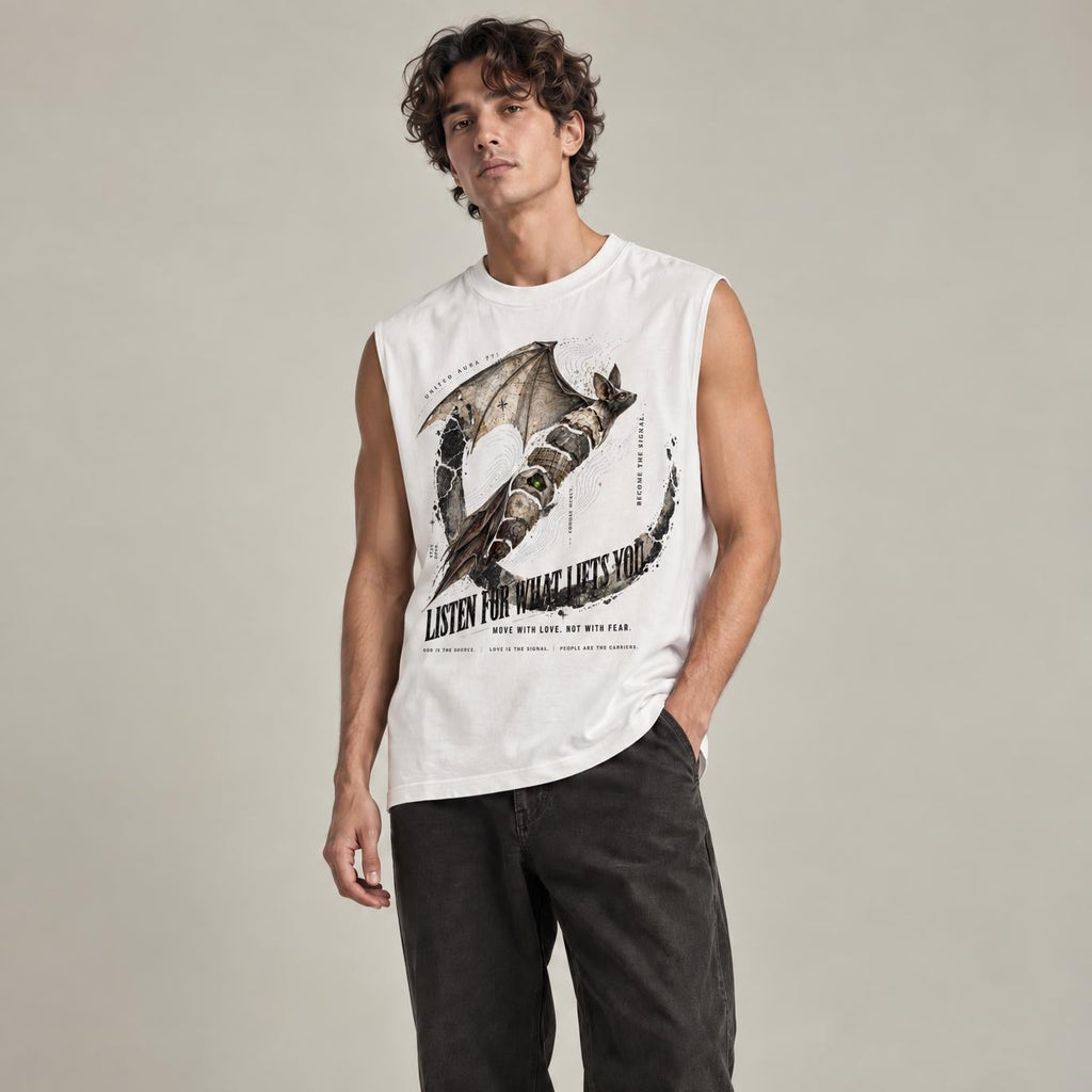 A man modeling a sleeveless white graphic t-shirt with a black dragon print and the text 'LISTEN FOR THE HARMONY', paired with dark charcoal pants and white sneakers, against a neutral studio backdrop.