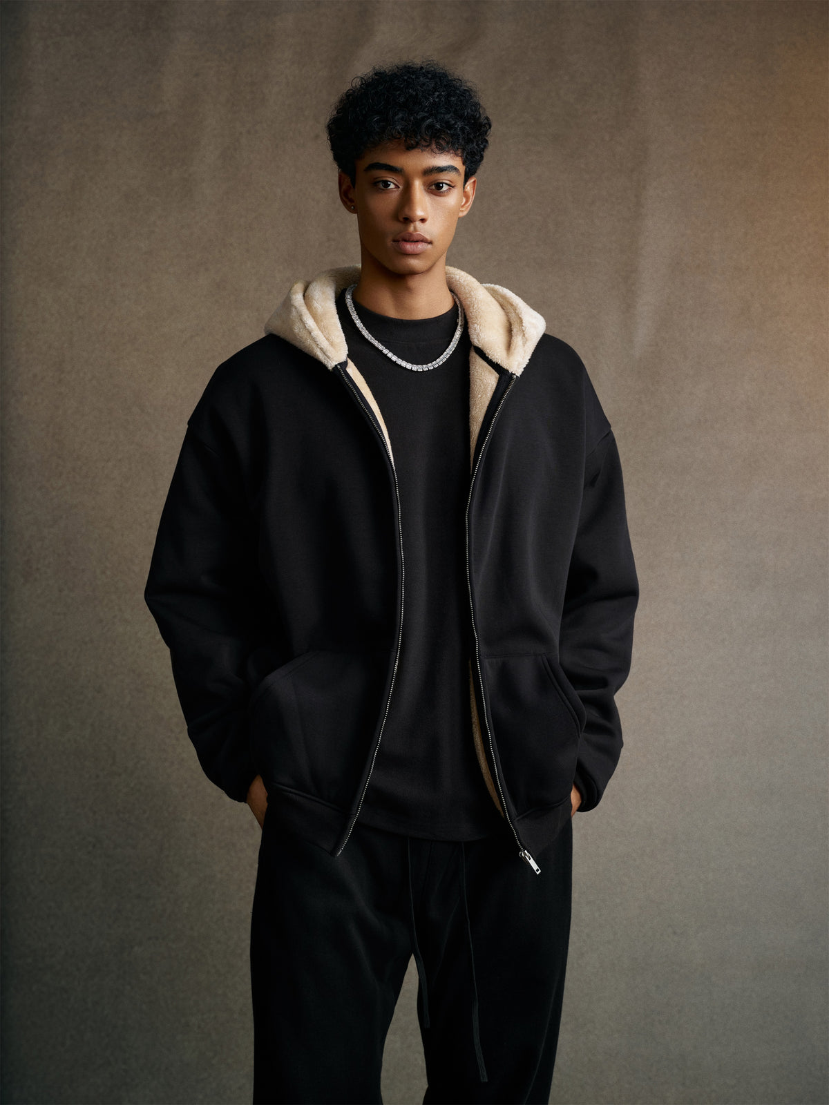 560GSM Unisex Composite Fleece Zip-Up Hoodie Black