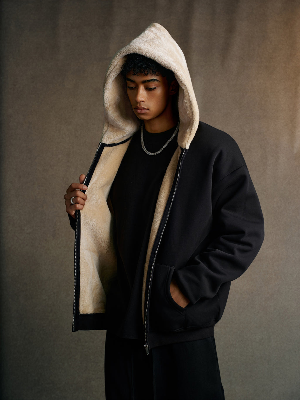 560GSM Unisex Composite Fleece Zip-Up Hoodie Black