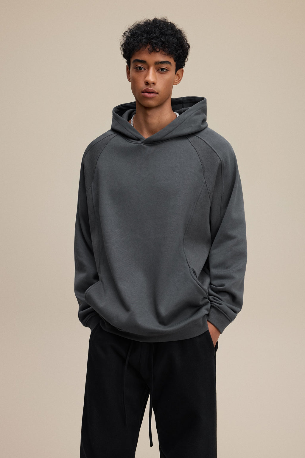 340GSM Men’s Trendy Fleece Structured Panel Hoodie Dark Grey