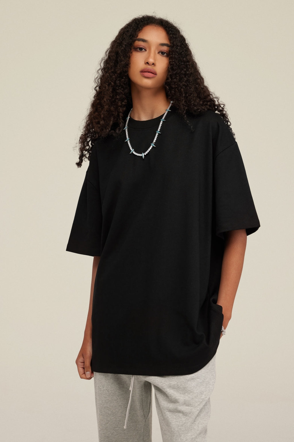 425GSM Women's Heavyweight Double-Yarn Drop-Shoulder T-Shirt Black