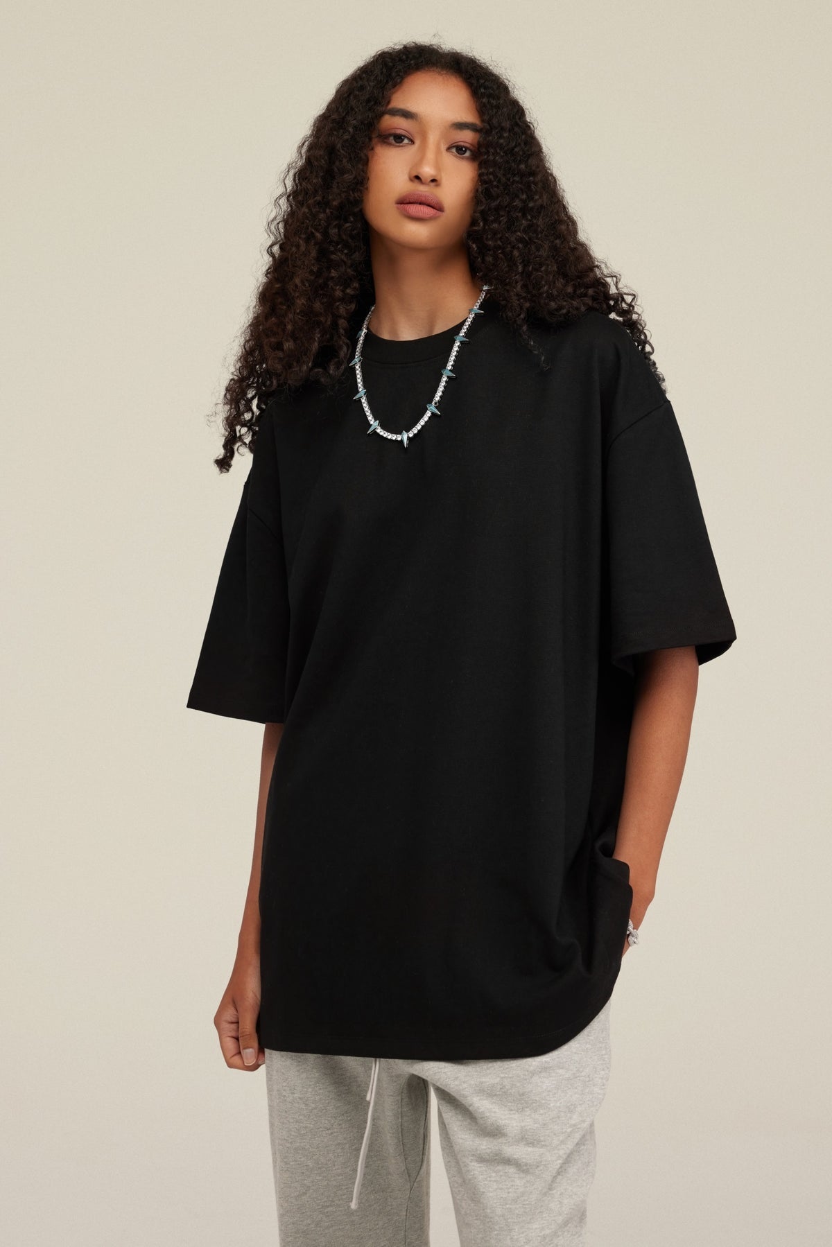 425GSM Women's Heavyweight Double-Yarn Drop-Shoulder T-Shirt Black