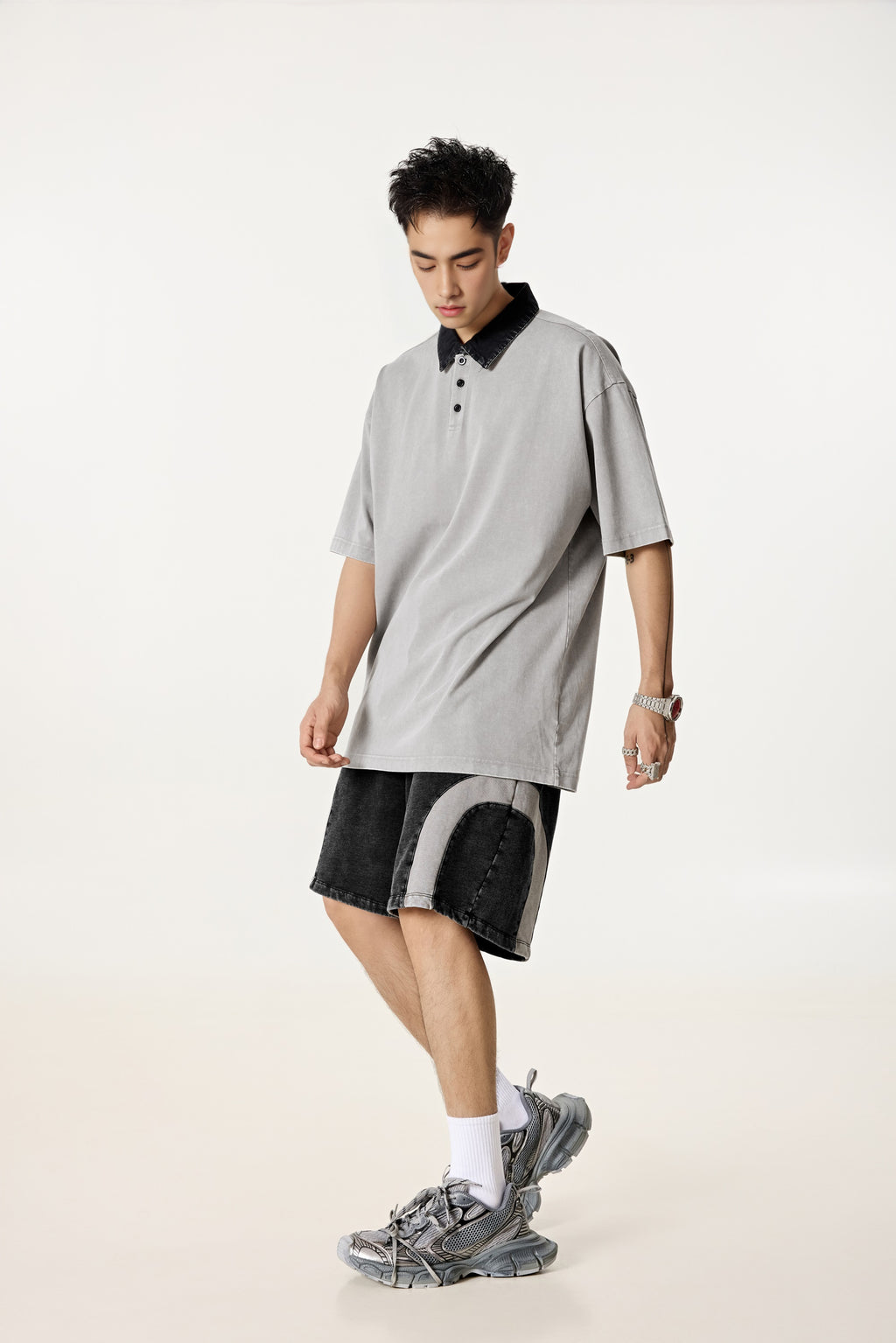 285GSM Unisex Contrast-Collar Snow-Wash Polo T-Shirt Medium Grey Black