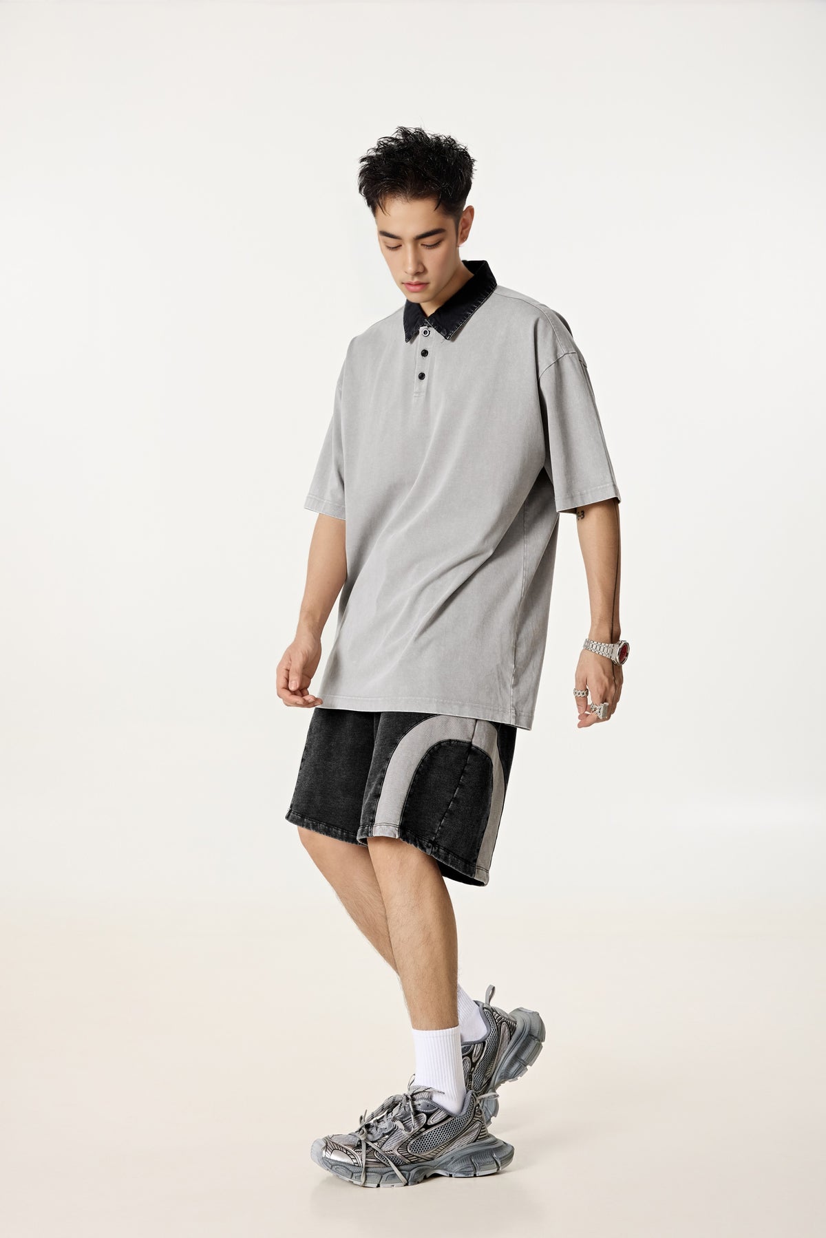 285GSM Unisex Contrast-Collar Snow-Wash Polo T-Shirt Medium Grey Black
