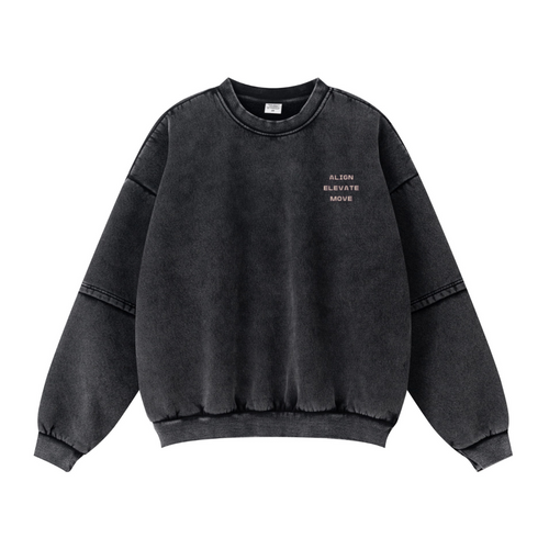 360GSM Unisex Faux-Two-Piece Distressed Snow-Wash Fleece-Lined Crew Neck Sweatshirt Snow wash