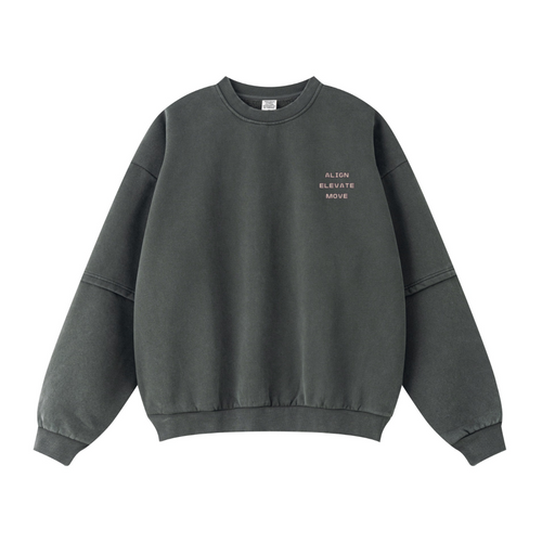 360GSM Unisex Faux-Two-Piece Distressed Snow-Wash Fleece-Lined Crew Neck Sweatshirt Dark gray
