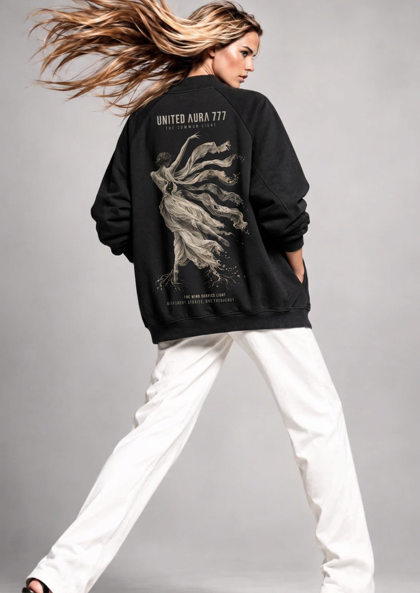 A woman wearing a black oversized sweatshirt with a large white graphic print and text on the back, paired with white pants, photographed against a plain light gray studio background.