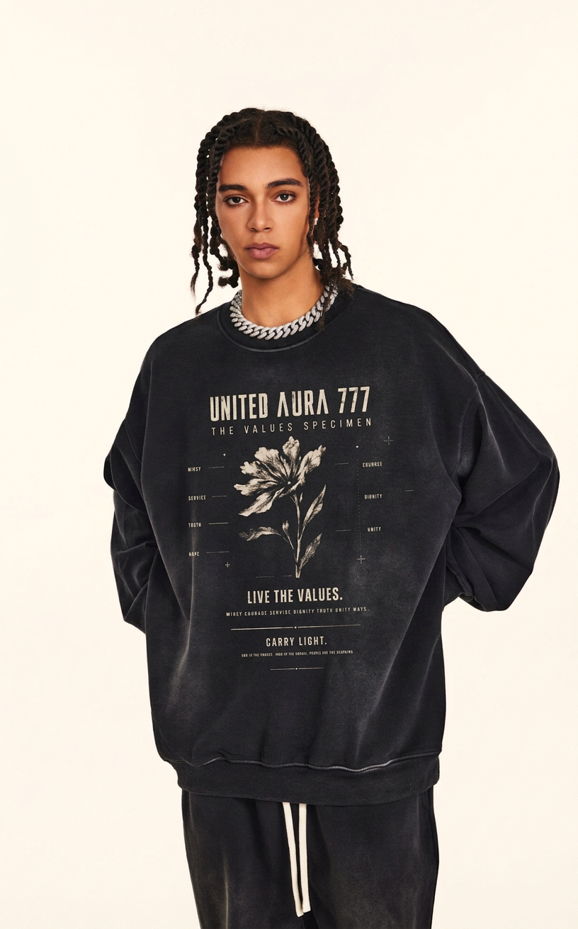 A model wearing a black oversized sweatshirt with a distressed graphic print that reads 'UNITED AURA 777' and 'LIVE THE VALUES.' on the front, paired with black pants and a silver chain necklace, set against a plain off-white background.