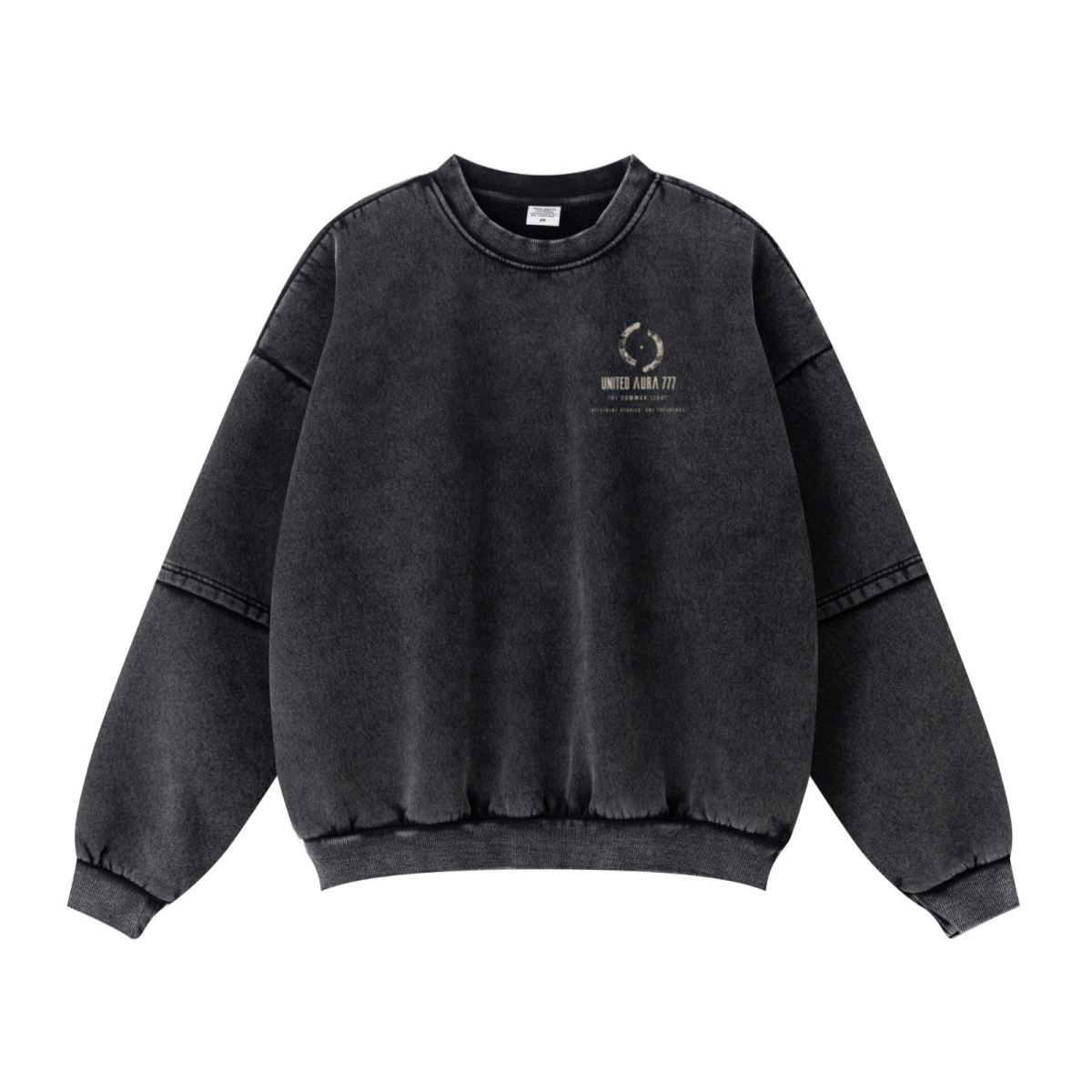 360GSM Unisex Faux-Two-Piece Distressed Snow-Wash Fleece-Lined Crew Neck Sweatshirt Snow wash