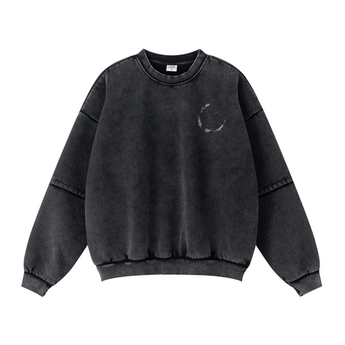 360GSM Unisex Faux-Two-Piece Distressed Snow-Wash Fleece-Lined Crew Neck Sweatshirt Snow wash