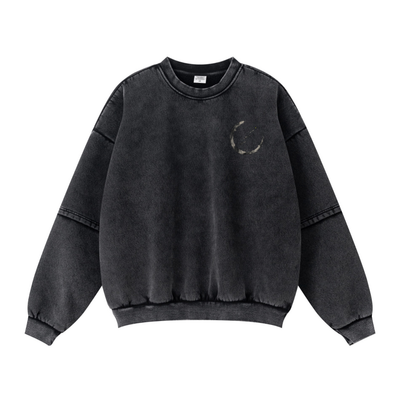 360GSM Unisex Faux-Two-Piece Distressed Snow-Wash Fleece-Lined Crew Neck Sweatshirt Snow wash
