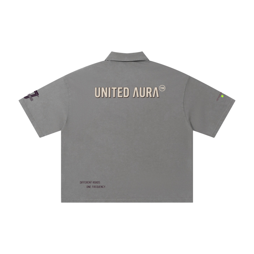 280GSM Heavyweight Double Yarn Snow Wash Boxy Fit Polo T-Shirt Vintage Heather Gray