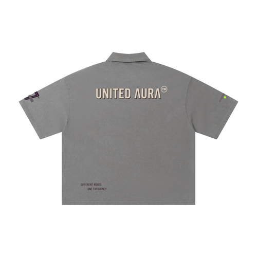 280GSM Heavyweight Double Yarn Snow Wash Boxy Fit Polo T-Shirt Vintage Heather Gray