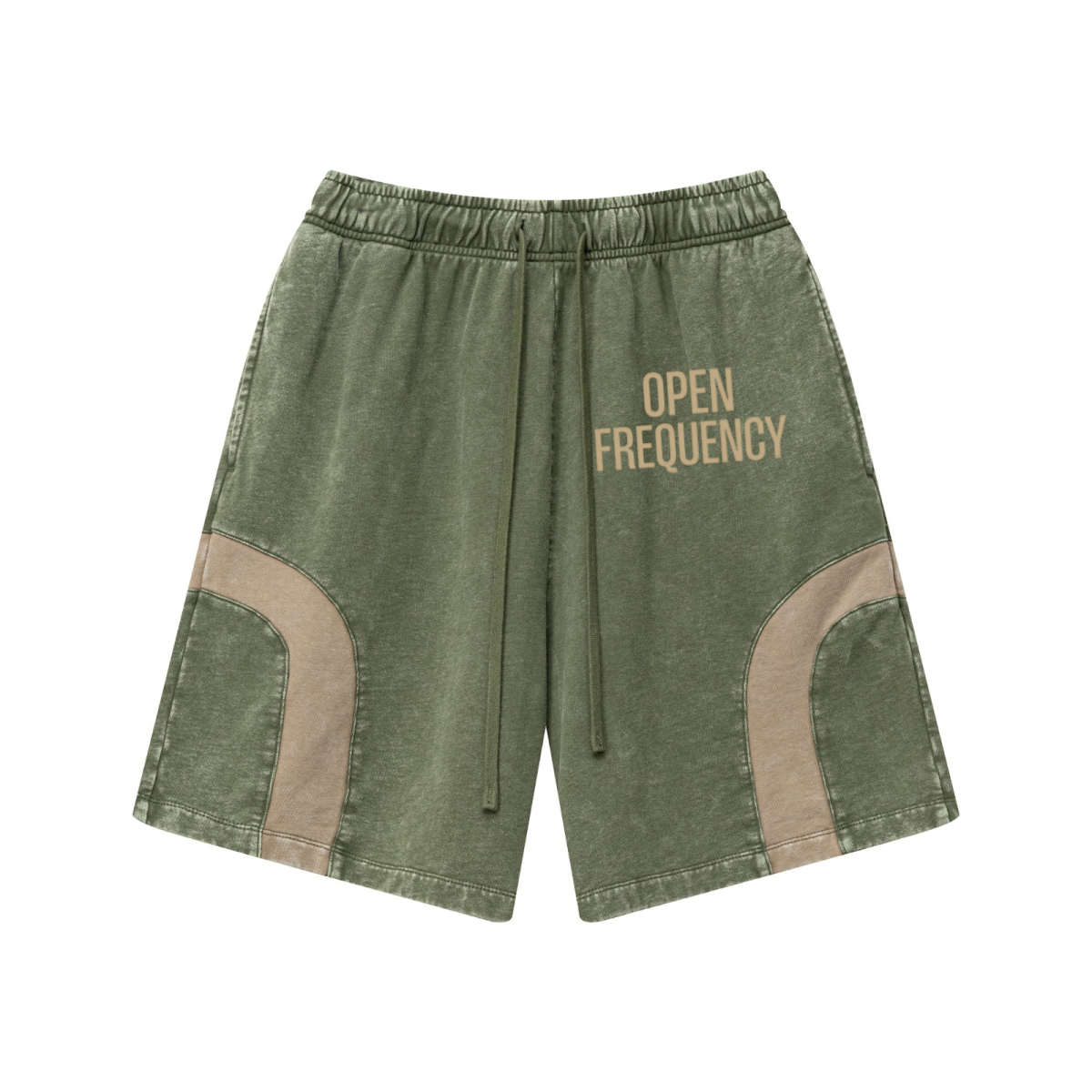 330GSM Unisex Heavyweight Contrast-Panel Snow-Washed Shorts Military Green/Khaki