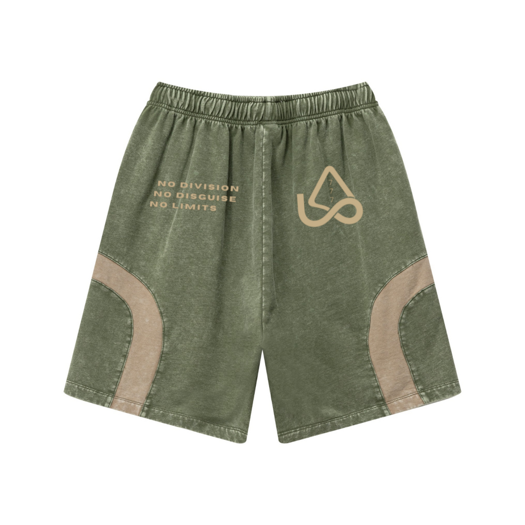 330GSM Unisex Heavyweight Contrast-Panel Snow-Washed Shorts Military Green/Khaki