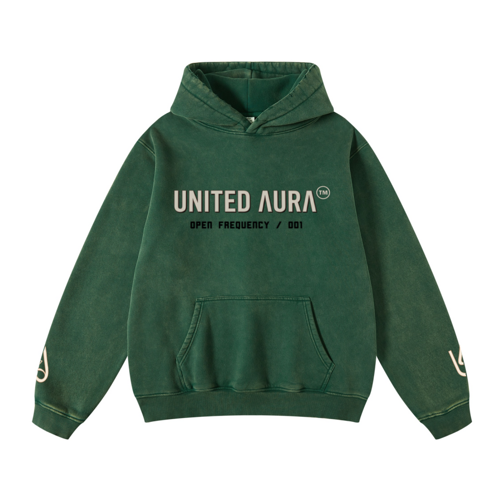 400GSM Unisex Heavyweight Distressed Snow-Wash Hoodie Moss Green