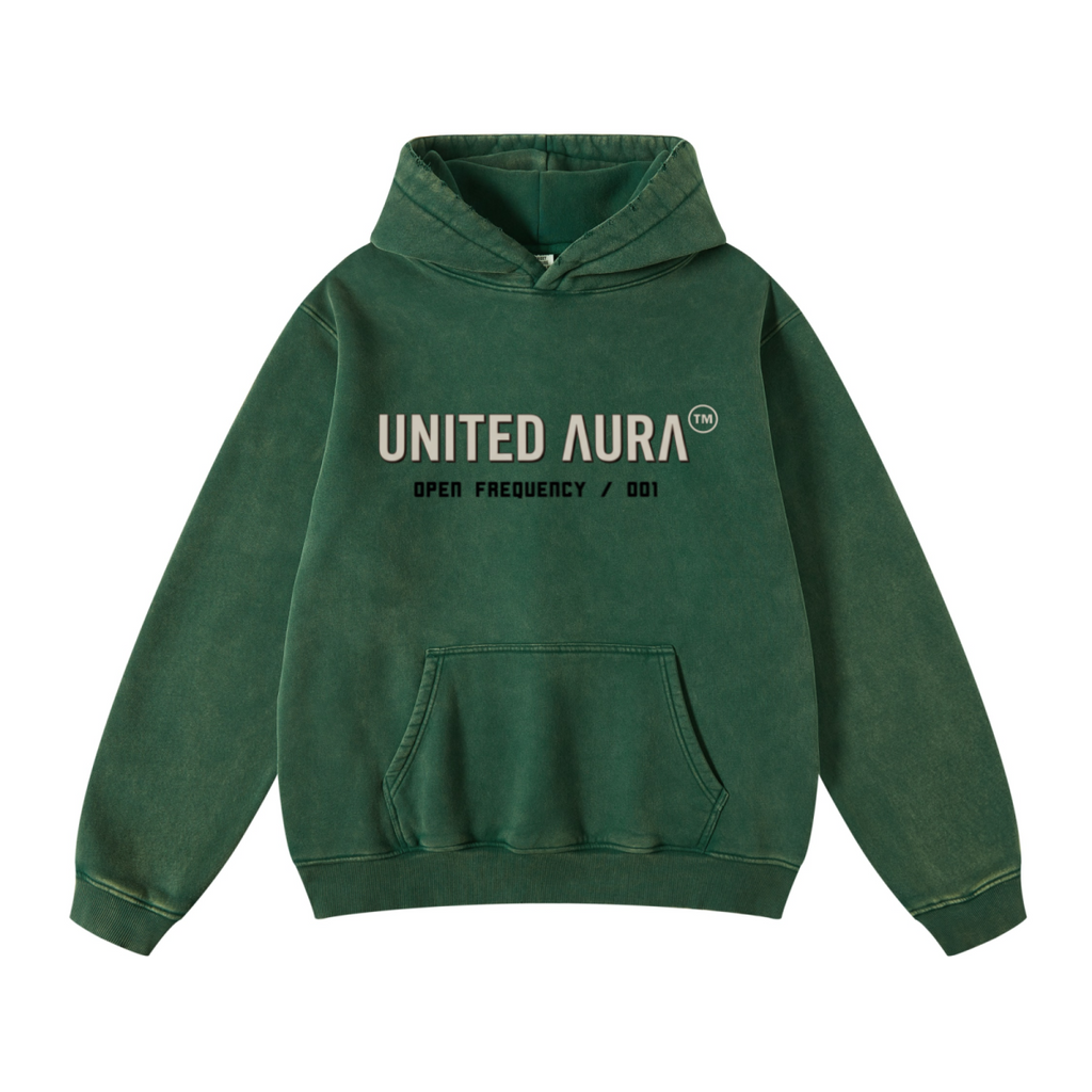 400GSM Unisex Heavyweight Distressed Snow-Wash Hoodie Moss Green