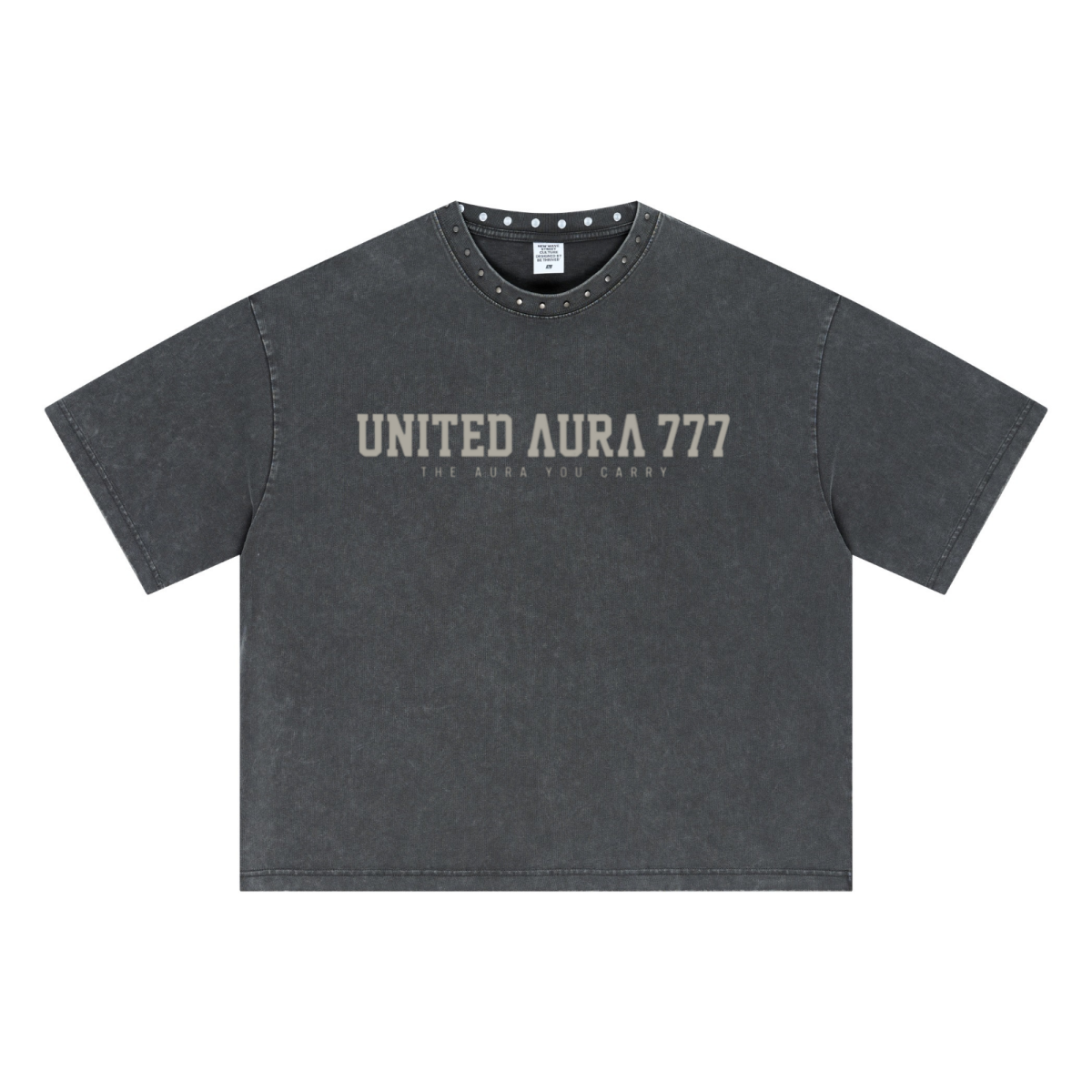 310GSM Men’s Boxy-Fit Distressed Fried-Color Snow-Wash Studded Loose T-shirt Vintage dark gray