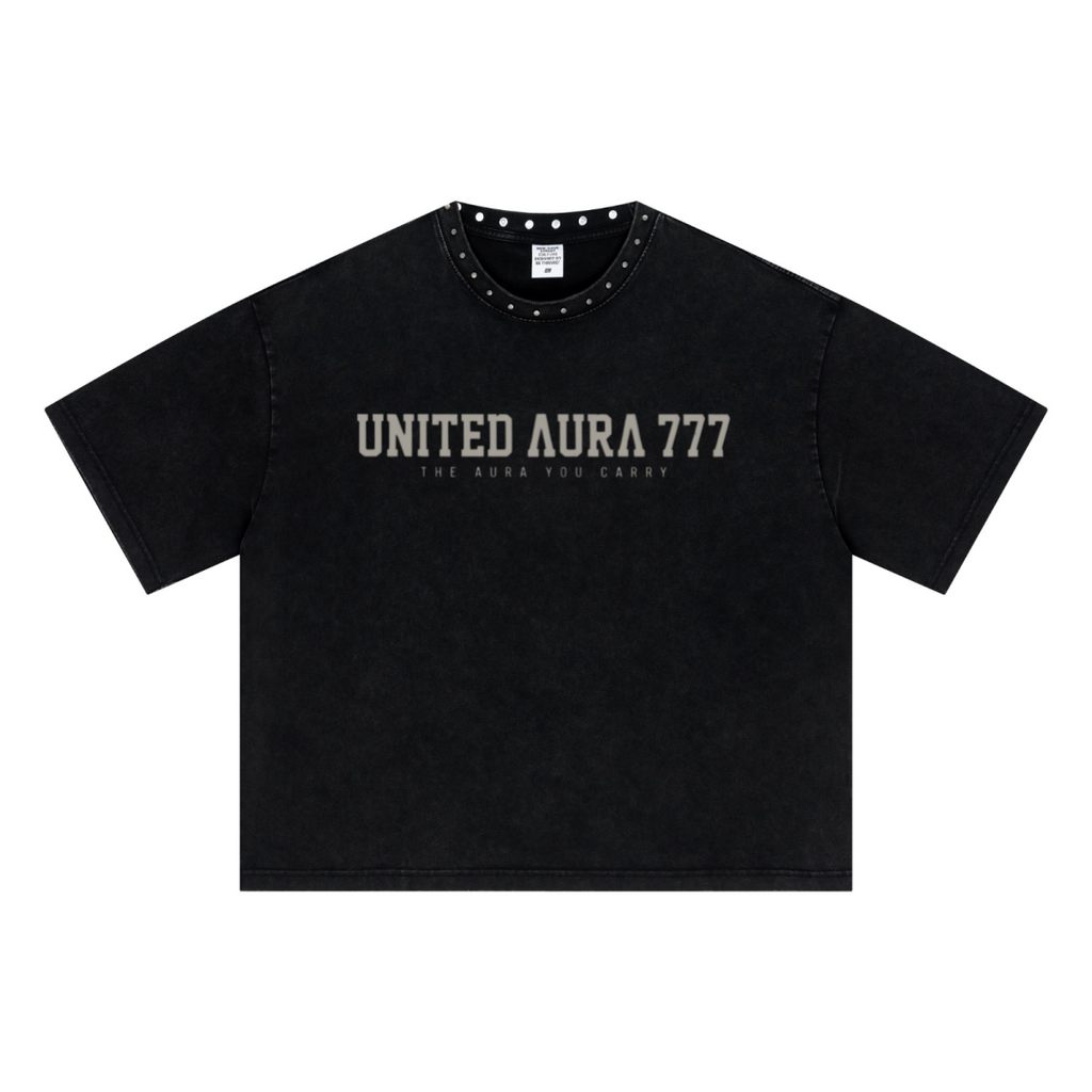 310GSM Men’s Boxy-Fit Distressed Fried-Color Snow-Wash Studded Loose T-shirt Vintage black
