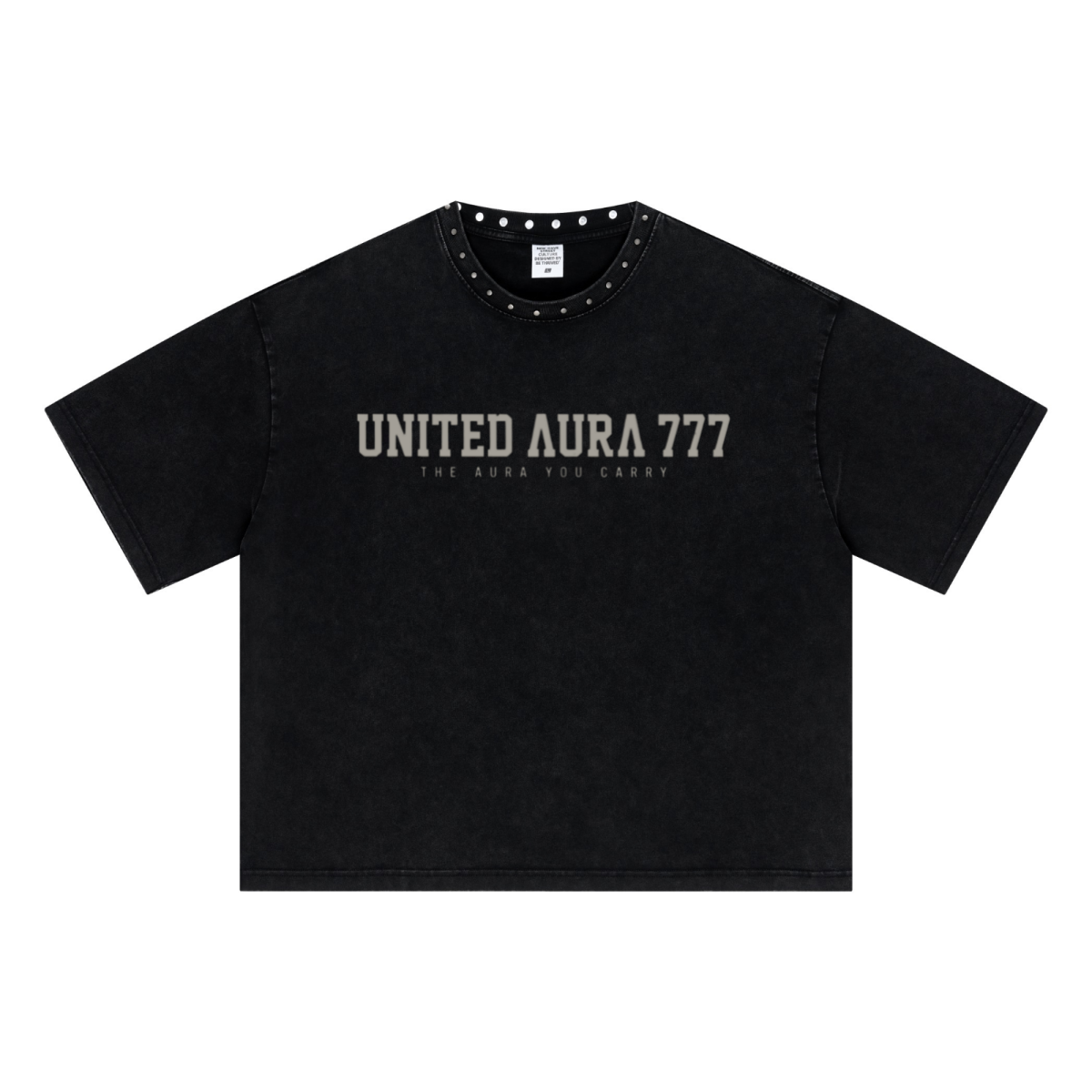 310GSM Men’s Boxy-Fit Distressed Fried-Color Snow-Wash Studded Loose T-shirt Vintage black