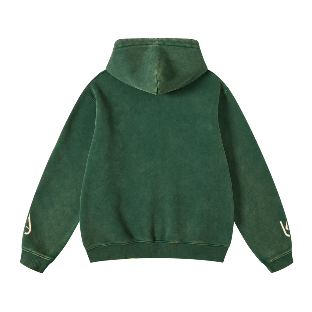 400GSM Unisex Heavyweight Distressed Snow-Wash Hoodie Moss Green