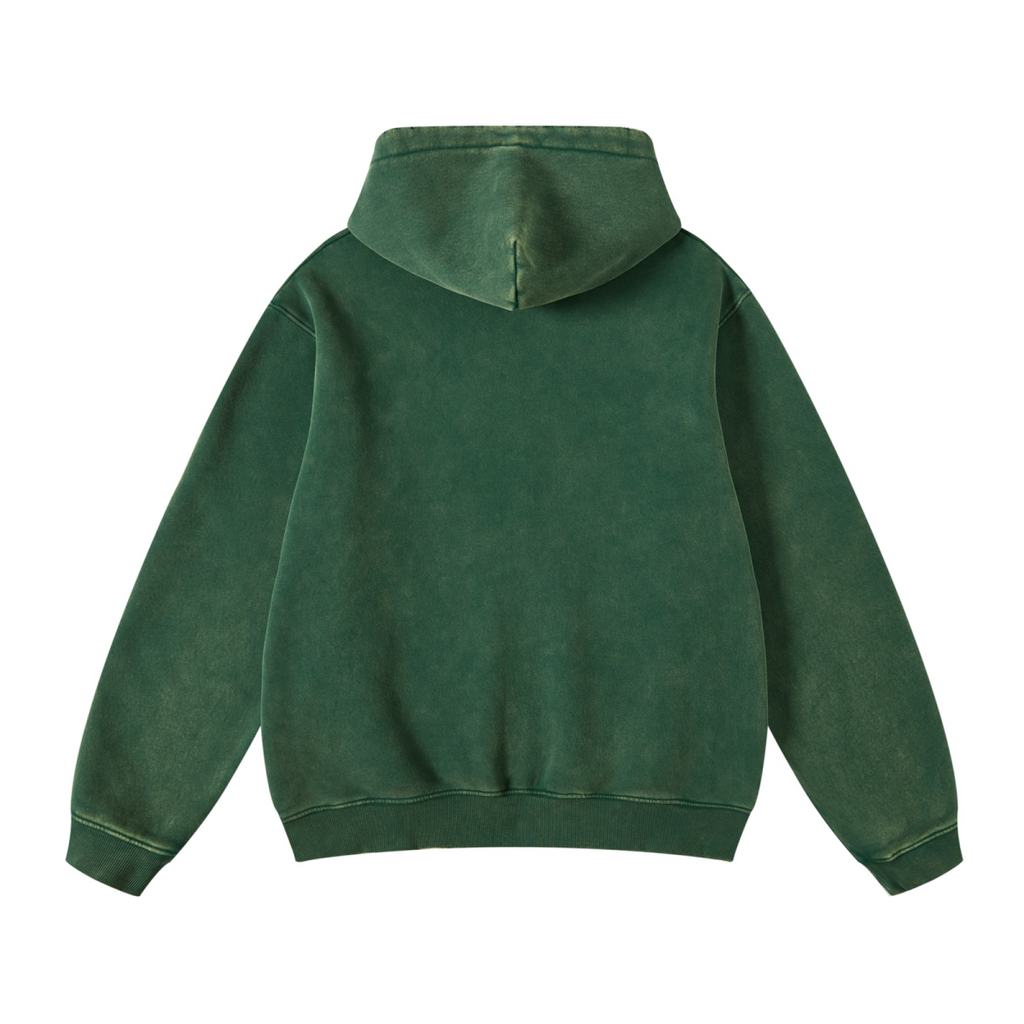 400GSM Unisex Heavyweight Distressed Snow-Wash Hoodie Moss Green