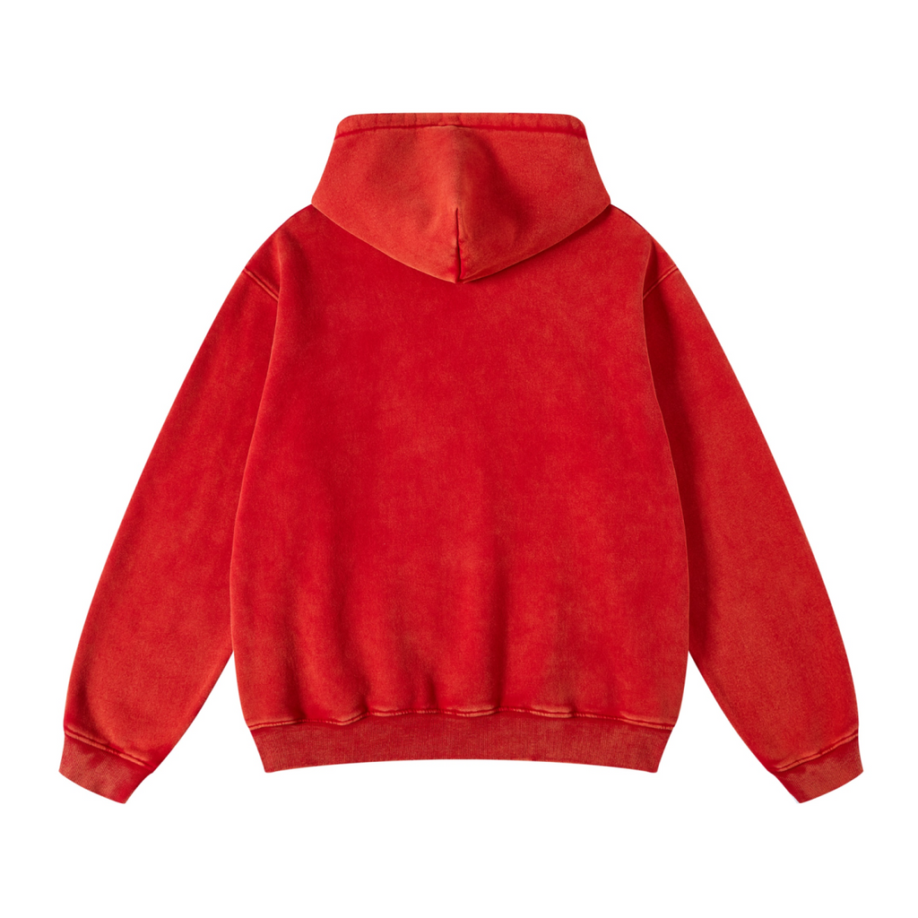 400GSM Unisex Heavyweight Distressed Snow-Wash Hoodie Red