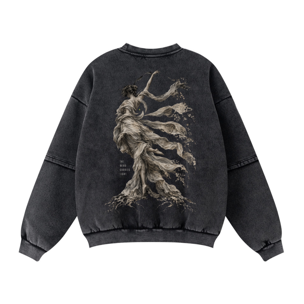 360GSM Unisex Faux-Two-Piece Distressed Snow-Wash Fleece-Lined Crew Neck Sweatshirt Snow wash