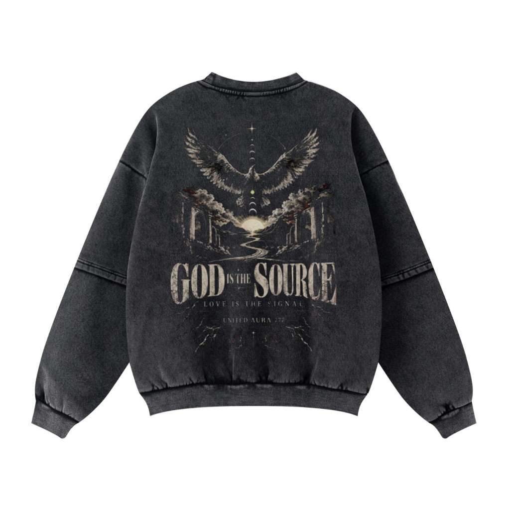 360GSM Unisex Faux-Two-Piece Distressed Snow-Wash Fleece-Lined Crew Neck Sweatshirt Snow wash