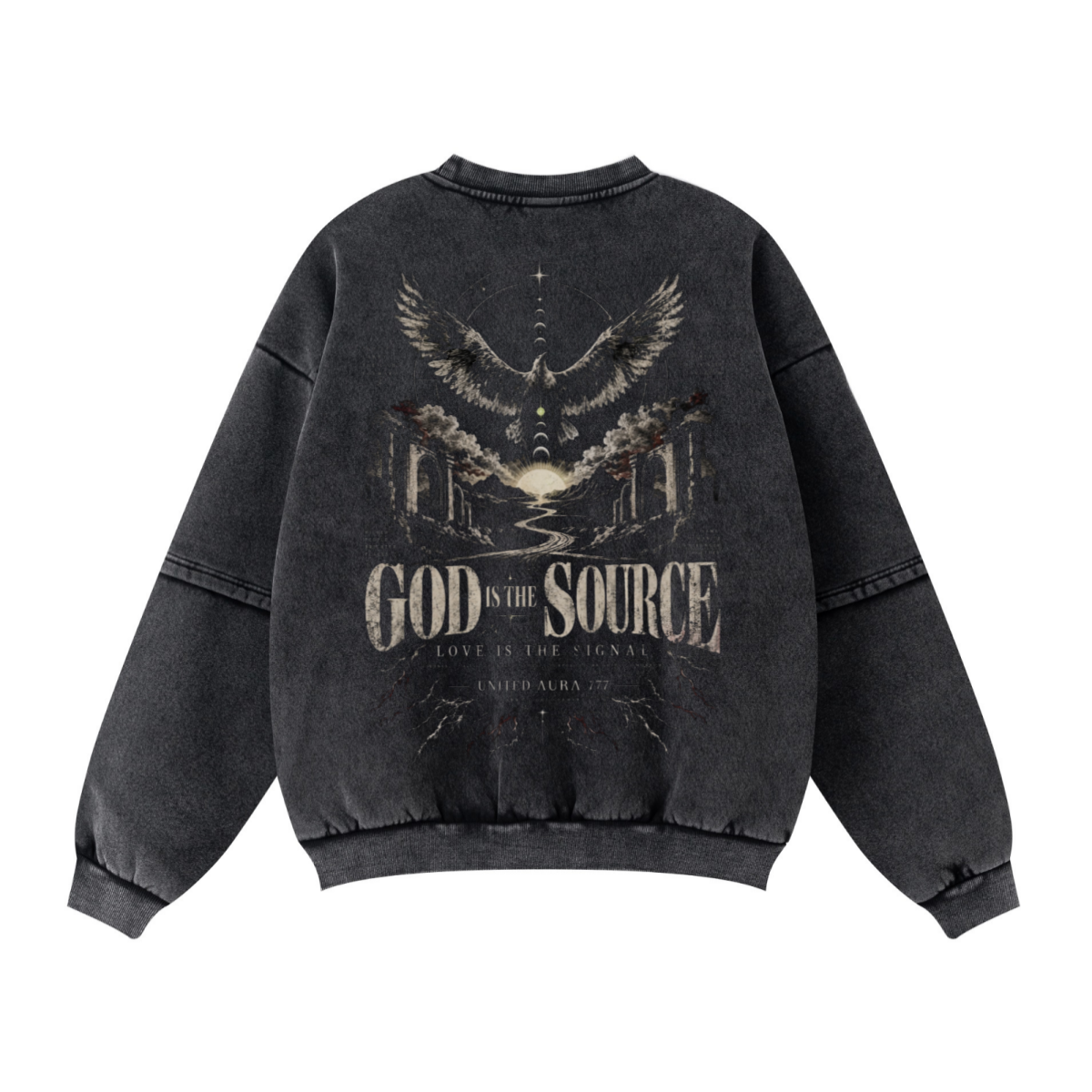 360GSM Unisex Faux-Two-Piece Distressed Snow-Wash Fleece-Lined Crew Neck Sweatshirt Snow wash