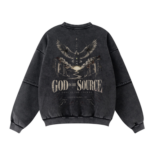360GSM Unisex Faux-Two-Piece Distressed Snow-Wash Fleece-Lined Crew Neck Sweatshirt Snow wash
