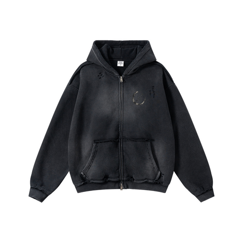 400GSM Men's Distressed Raw-Edge Zip-Up Hoodie Black