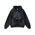 400GSM Men's Distressed Raw-Edge Zip-Up Hoodie Black